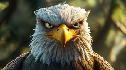 Obraz premium Majestic eagle gazing fiercely in a lush forest, symbolizing strength and freedom