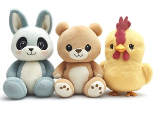 Obraz premium Plush Animal Friends Sitting on White Background