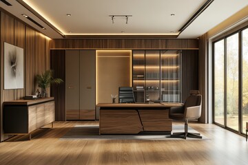 Spacious office with modern furniture and big window. AI generated illustration.