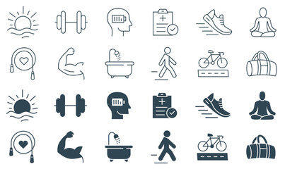 Fitness and Wellness Icon Set. Line and Solid Vector Illustrations of Exercise, Relaxation, Active Lifestyle, and Healthy Living with Dumbbell, Yoga, and Running Icons