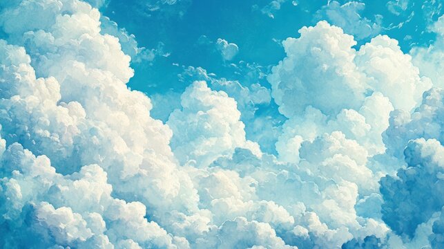 Fluffy white cumulus clouds fill a vibrant blue sky.