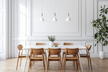 Stylish dining room with modern white table. AI generated illustration.