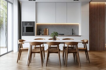 Fototapeta premium Stylish dining room with modern white table. AI generated illustration.
