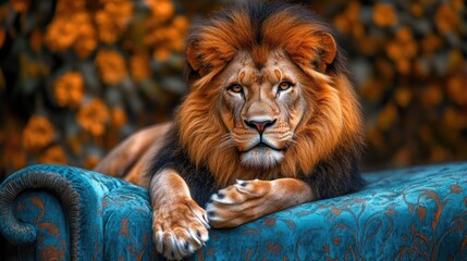 Obraz premium Majestic lion resting on ornate blue couch in autumn setting