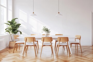 Obraz premium Stylish dining room with modern white table. AI generated illustration.