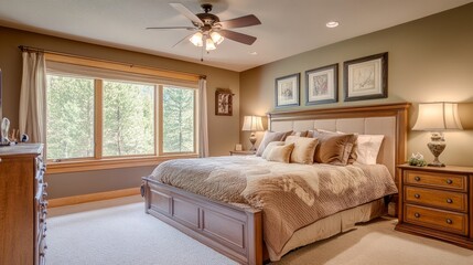 Inviting Arafed bedroom with a plush bed, sleek wooden dresser, and ceiling fan, decorated in earthy and neutral tones. Copy space available.