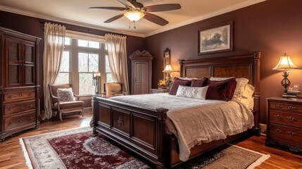 Fototapeta premium Luxurious Arafed bedroom with a plush bed, high-quality dresser, and ceiling fan, featuring an elegant and calming atmosphere. Copy space