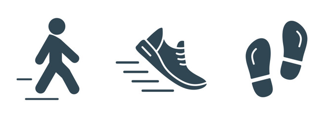 Walking and Running Solid Icon Set. Illustrations of Walking Person, Running Shoe, and Footsteps Vector icons
