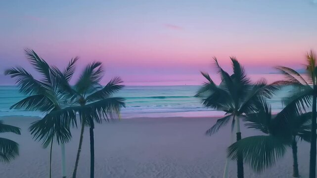 tranquil hyper realistic tropical beach scene featuring tall palm trees swaying gently backdrop colorful lights captured ultra high definition video 4K resolution