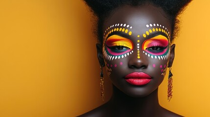 African woman with vibrant tribal face paint on bold yellow background