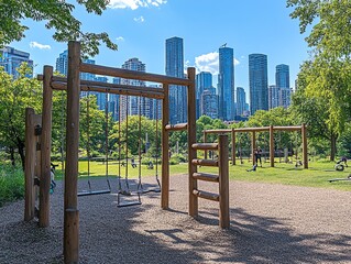 City Park Playground Swings with Modern Skyline View on Sunny Day
