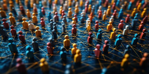 business networking graphic of Human figures in bright colors interconnected by lines, emphasizing relationships and individuality in a broader network.