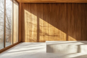 Sunny minimalistic interior with blank wooden wall. AI generated illustration.