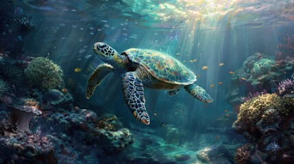 Fototapeta premium Majestic Sea Turtle in Vibrant Coral Reef