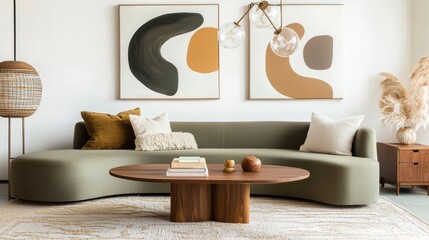 Scandinavian mid century modern fusion living room with muted olive and walnut tones, curved modular sofa, vintage wooden coffee table with brass accents