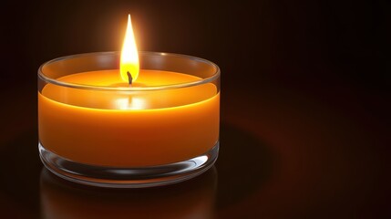 Glowing amber candle in a glass holder, illuminating a dark background, creating a warm ambiance