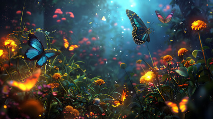 A magical garden filled with colorful butterflies and glowing fireflies © shoaib