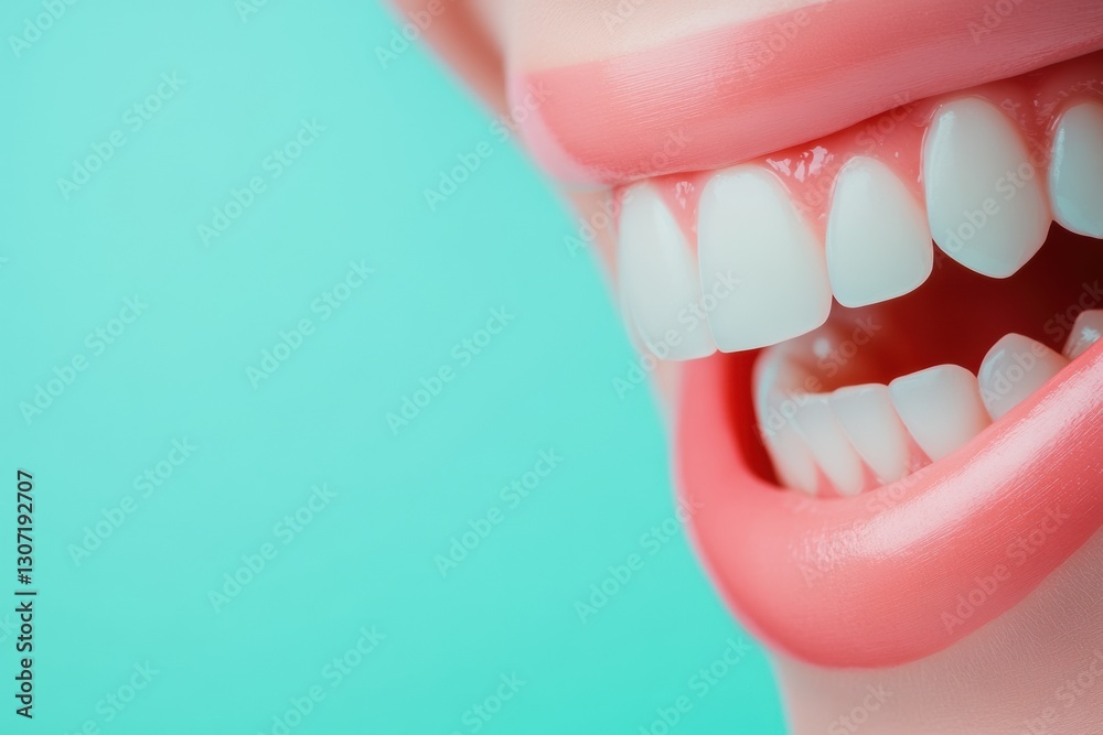 Poster perfectly white teeth shining in a cheerful smile with a gentle dental check up in a pastel blue bac