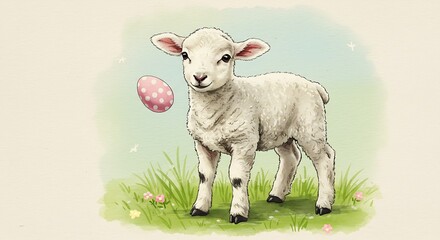 Illustration of a charming lamb with an Easter egg - spring's gentle arrival - for Easter cards