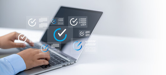 Audit business concept, Checklist and filling survey form online, Compliance with internal...