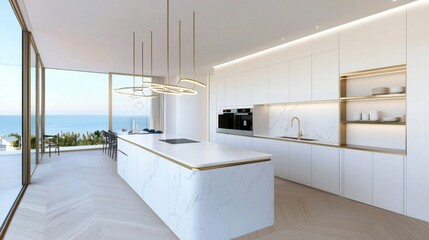 Scandinavian minimal Hollywood kitchen, sleek white cabinetry, marble island, floating brass shelves, soft strip lighting, sculptural glass pendant