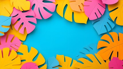 Naklejka premium Colorful Tropical Leaves Surrounding Bright Blue Background in Playful and Vibrant Composition for Artistic Designs