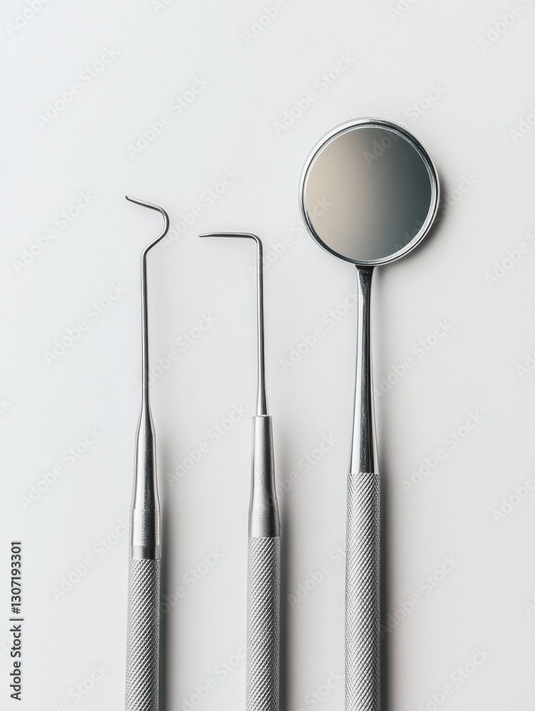 Poster Neatly arranged dental tools including scaler mirror and probe on soft white background Generative AI