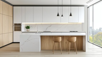 Scandinavian minimalist fusion kitchen with matte white and light oak cabinetry, sleek handleless drawers, hidden LED strip lighting, marble countertop