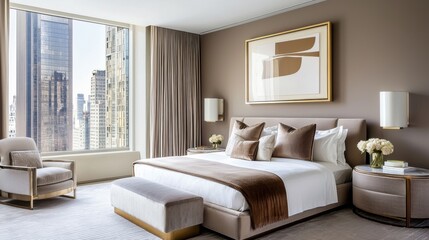 Scandinavian modern Hollywood bedroom, moody taupe walls, low plush bed, subtle golden elements, warm ambient lighting, soft textured panel art
