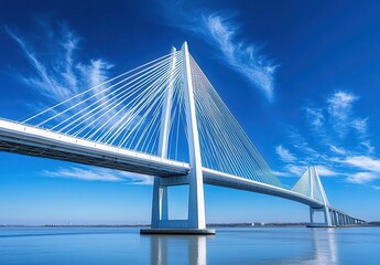 Fototapeta premium Stunning Modern Suspension Bridge Against a Clear Blue Sky with Reflective Waters and Wispy Clouds Above in a Serene Landscape Setting