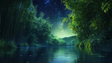 Obraz premium Serene bamboo forest at night with a calm river reflecting starlit sky and vibrant greenery