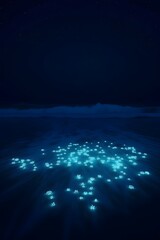 Bioluminescent phenomenon: glowing blue flowers illuminate nighttime ocean waves