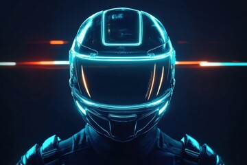 Fototapeta premium Futuristic Racing Helmet with Neon Lights Against Dark Background, Perfect for Technology, Sports, or Automotive Themes in Modern Design Projects