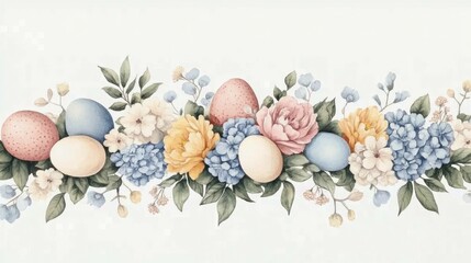 Obraz premium Beautiful pastel Easter floral arrangement with colorful eggs and spring flowers on a soft background, perfect for seasonal greetings and decoration