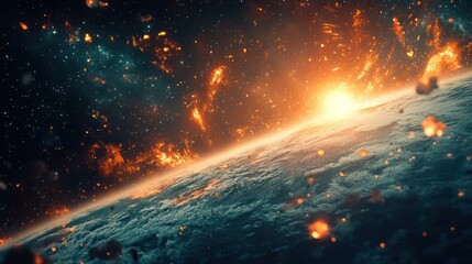 Fiery sunrise over a burning planet in space.