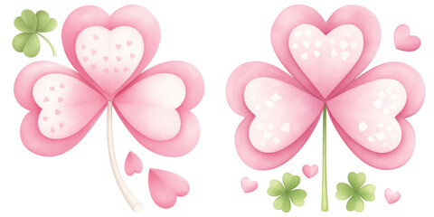 Pink heart shaped clovers with delicate patterns and small green leaves