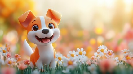 Naklejka premium Adorable Orange and White Cartoon Puppy Amidst Blooming Daisies in a Sunny Meadow