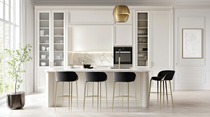 Scandinavian neoclassical Hollywood kitchen, ivory cabinetry, brass framed glass cabinets, fluted marble island, sculptural gold pendant light, soft LED