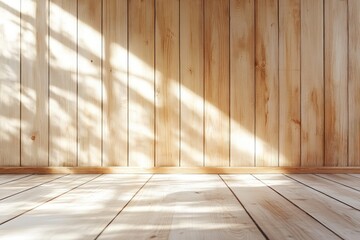 Naklejka premium Sunny minimalistic interior with blank wooden wall. AI generated illustration.