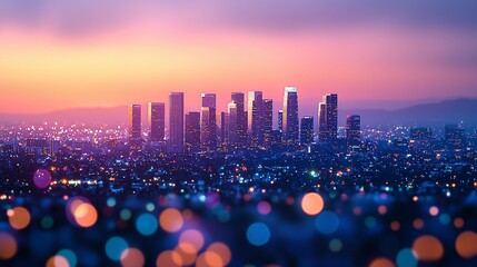 Vibrant sunset over city skyline, bokeh lights.