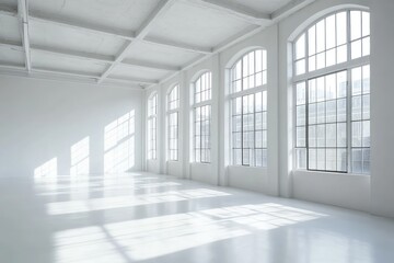 Fototapeta premium Sunny white loft interior with big windows. AI generated illustration.