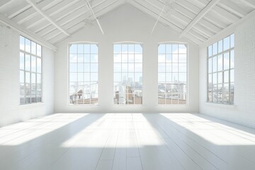 Fototapeta premium Sunny white loft interior with big windows. AI generated illustration.