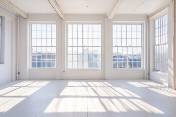 Fototapeta premium Sunny white loft interior with big windows. AI generated illustration.