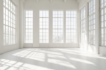 Fototapeta premium Sunny white loft interior with big windows. AI generated illustration.
