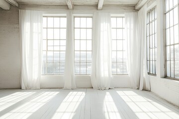 Obraz premium Sunny white loft interior with big windows. AI generated illustration.