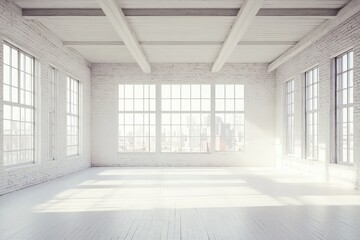 Fototapeta premium Sunny white loft interior with big windows. AI generated illustration.