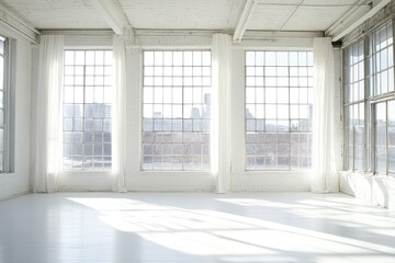 Fototapeta premium Sunny white loft interior with big windows. AI generated illustration.