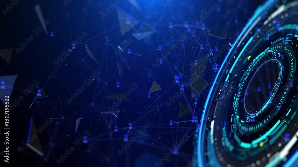 Fototapete HUD hologram circle elements spinning with blue low poly organic wave. Technology data system connection interface 4K motion.