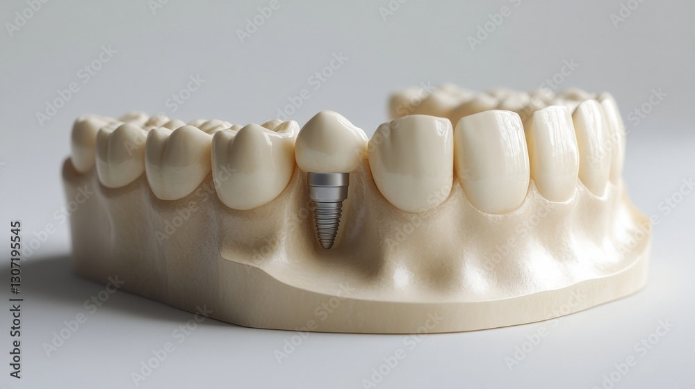 Poster high quality 3d model showcasing a dental arch with a focus on a single implant and natural teeth ar