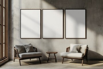 Three blank big mockup posters on wall. AI generated illustration.